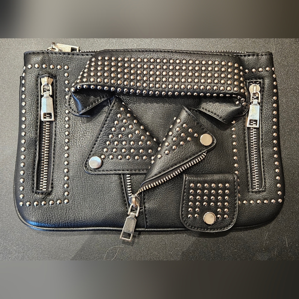 Motorcycle Jacket Style Studded Black Leather Clutch/Shoulder Bag